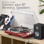 Record Player Turntables for Vinyl Record Belt-Drive Wireless Output Connectivity Phono Line Out USB Digital to PC Recording MM Audio Cartridge Stylus Counterweight Piano Shiny Classic Red