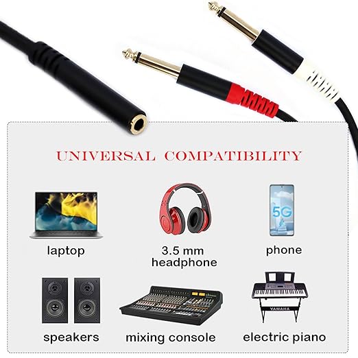 3.5mm to 1/4 Adapter Cable, 3.5mm TRS Female to Dual 1/4 inch TS Male Y Splitter Cable Adapter, Mini Jack Stereo to 2 Quarter inch Mono Insert Cable - 1 ft