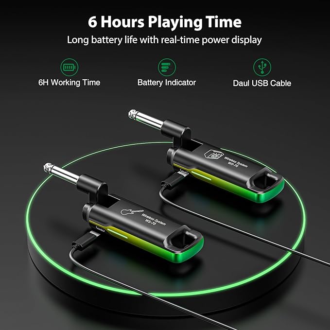 LEKATO Wireless Guitar System UHF Wireless Guitar Transmitter Receiver Rechargeable Audio Wireless Guitar Transmitter and Receiver with 70 Channels Wireless for Guitar Bass Electric Instruments-Green