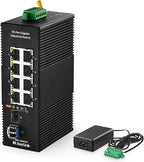 MokerLink 8 Port Gigabit Industrial DIN-Rail Ethernet Switch, 2 SFP Ports with 1 LC 20KM Module(SMF), IP40 Rated Unmanaged Network Switch (-40 to 185°F), with UL Power Supply