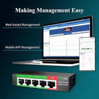 STEAMEMO 5-Port Gigabit Ethernet Switch | Smart Managed with VLAN/QoS | Plug & Play Desktop/Wall-Mount Network Hub w/ PoE in Design | Sturdy Metal & Energy-Efficient(Includes Power Adapter)