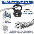 TooTaci 3/16" Stainless Steel Cable, 50ft Wire Rope with Aluminum Crimping Sleeve&Thimbles, 7x19 Strands, 3700lbs Breaking Strength Heavy Duty Aircraft Cable for Zipline, Deck Railing, Shade Sail