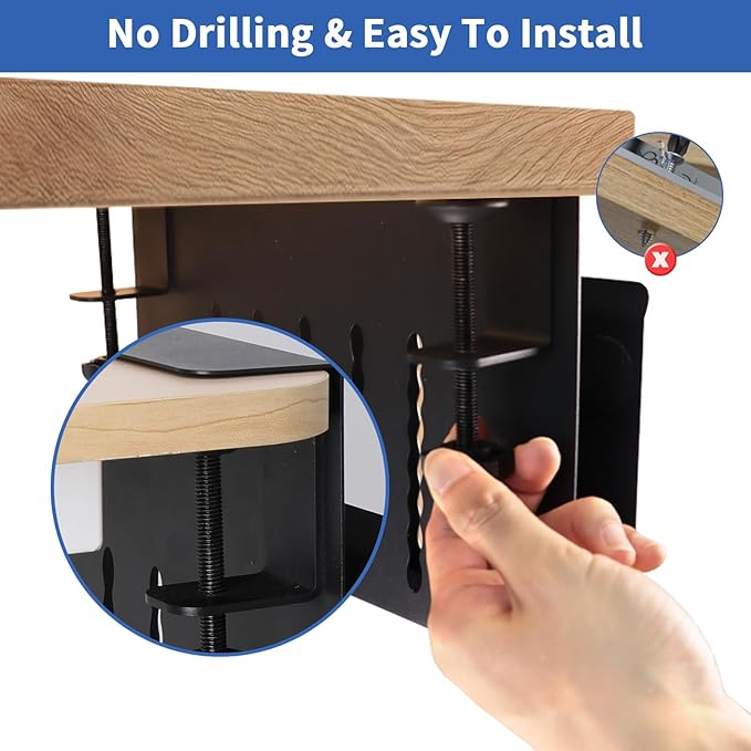 LUKETURE Laptop Holder, Steel Desk Side Storage, No Drill Standing Desk Accessories, Clamp on Laptop Mount with Pen Holder, Fits Flat Edge Tables 0.3" to 2.8" (Black, M(1 Tier))