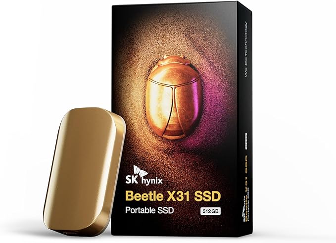 SK hynix Beetle X31 512GB Portable SSD with DRAM, up to 1050MB/s, USB 3.2 Gen2, External Hard Drive Compatible with PC, Mac, Laptop, PS5 (Champagne Gold)