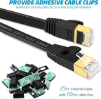 Cat 7 Flat Ethernet Cable 25ft Black, High Speed 10GB Shielded (STP) LAN Internet Network Cable Ethernet Patch Computer Cable with Rj45 Connectors and 10pcs Adhesive Cable Clips