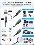 4-in-2 Multi Charging Cable for Apple Watch Charger/Samsung/iPhone Charger,Car/Office/Camping/Travel Essentials,Type C Cable Cord for iWatch Ultra/10-2/iPhone 16-11/Samsung S25-S20,iPad,airPods-Black