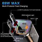 [2025 Mirco-Version] 4 in 1 Retractable Car Charger,69W Car Charger USB C,Cigarette Lighter Adapter,Fast Charging for iPhone 16e/16Pro Max,Galaxy,iPad,Pixel (Dual Cord USB-C) Black