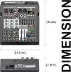 Audio Mixer, 4 Channel Sound Board Mixing Console with 99-Bit DSP, 7-Band Eq Output, Digital MP3 Computer Input, Professional DJ Mixer Board with 48V Phantom Power Stereofor Recording Live