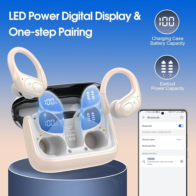 Wireless Earbuds 75hrs Bluetooth 5.4 Headphone Sport, 2025 Bluetooth Earbuds Stereo Deep Bass Over Ear Bud with Earhooks, ENC Noise Cancelling Mic, IPX7 Waterproof Earphone, Camel