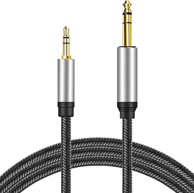 3.5 mm to 6.35 mm Audio Cable 30Ft,Gold-Plated Terminal Silver Color Zinc Alloy Housing 3.5mm 1/8" Male TRS to 6.35mm 1/4" Male TRS Nylon Braided Stereo Audio Cable for Cellphone, Amplifiers(30Ft/10M)