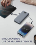 VRURC Portable Charger Built-in Cables and AC Wall Plug, USB C Power Bank 10000mAh, Travel Battery Portable Phone Charger Compact Lightweight External Battery Pack for Smart Phones, Tablets etc-Grey