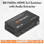 8K HDMI Switch 2 in 1 Out, 8K@60Hz 4K@120Hz 1080P@240Hz with Audio Extraction, HDMI to Optical & Analog 3.5mm, HDR HDCP2.3 EDID Control (JTECH-8KSW21AE)