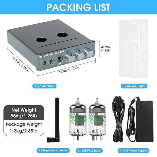 Douk Audio T6 2 Channel 80 watts x2 Bluetooth Tube Amplifier Hi-Fi Stereo Power Amp Audio Wireless Receiver with Headphone/Line Output & Treble Bass Tone Control