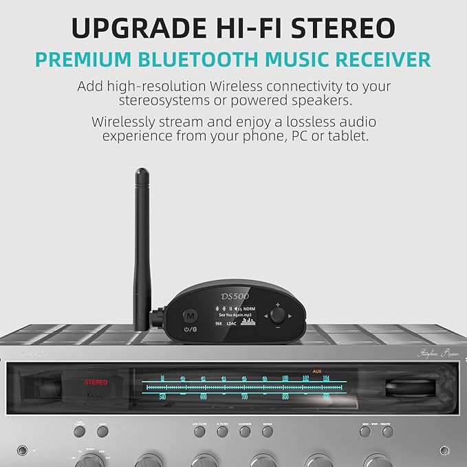 1Mii DS500 LDAC Bluetooth Hifi Receiver, Long Range Bluetooth 5.1 Audio Adapter w/Audiophile DAC, aptX HD & Low Latency, OLED Display & Optical Coaxial RCA Output for Home Stereo/AV Receiver/Amplifier