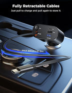 Retractable Car Charger 4 in 1 Fast Car Phone Charger Adapter with Type C & Apple Cords Compatible with iPhone 16/15/14/13/12/11, Galaxy, Pixel