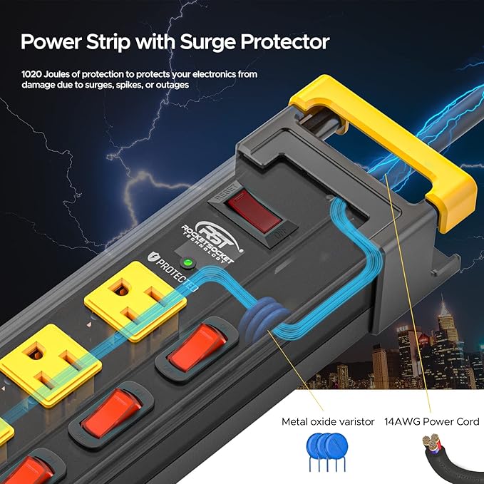 CRST 12 Outlets Long Power Strip, 9 FT Cord Metal Wall Mount Surge Protector Power Strip with Individual Switches and Cord Manager, 1020J, 15Amp/1875W for Garage,Workshop, Office, Home