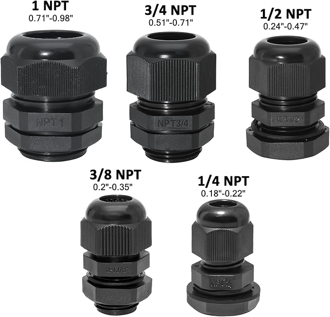 20 Pcs Nylon Cable Gland Kit, IP68 Waterproof Adjustable Cord Grip Cable Connector Strain Relief Wire Protectors, 1/4" 3/8" 1/2" 3/4" 1", Black