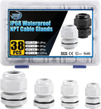 XHF IP68 Nylon Waterproof NPT Cable Glands Kit 38pcs 1/4", 3/8'', 1/2'', 3/4'' UL Listed and RoHS Cord Grip Compliant Cable Strain Relief Grey