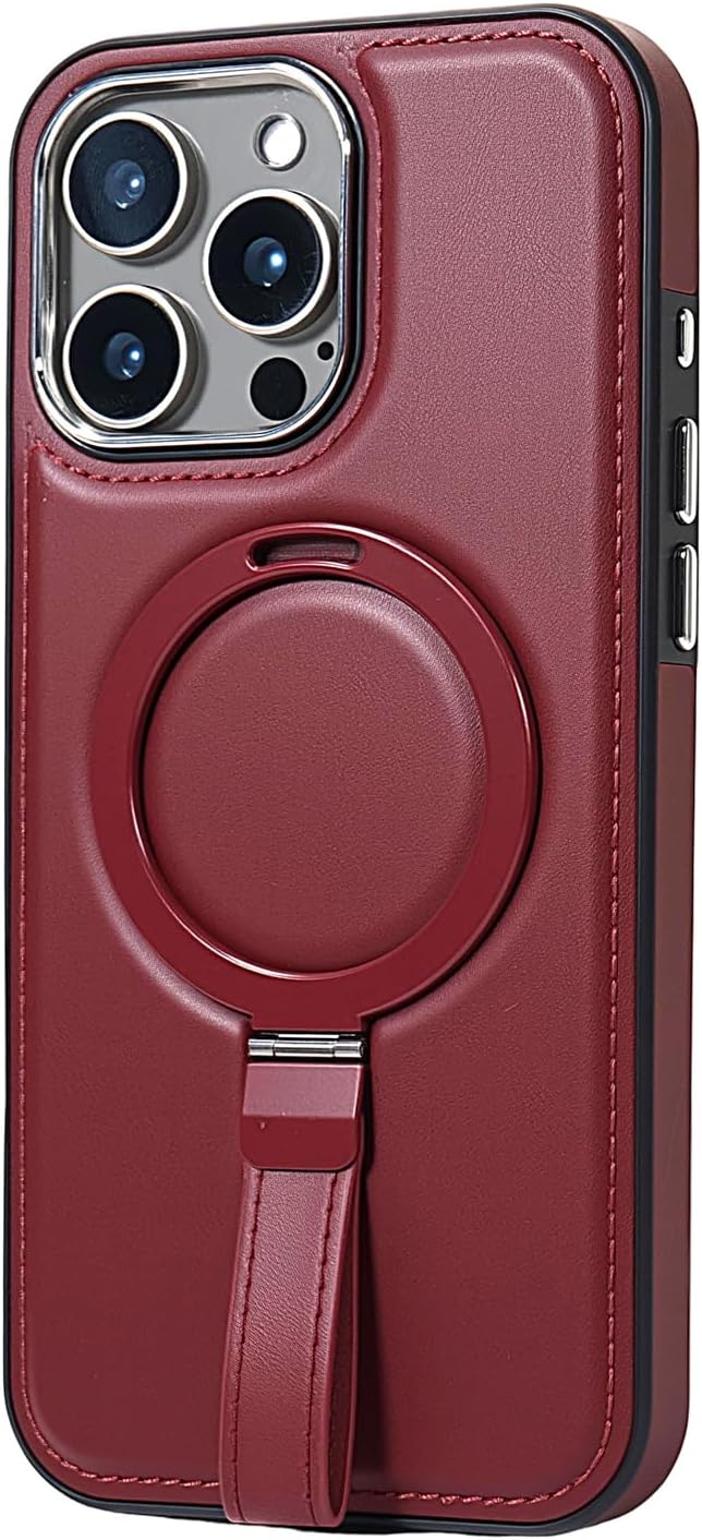 Leather Case, Suitable for iPhone 16 Case, Invisible Magnetic Design, Equipped with a Lanyard and Foldable Stand, Black, Yellow and red (Black, iPhone 16)