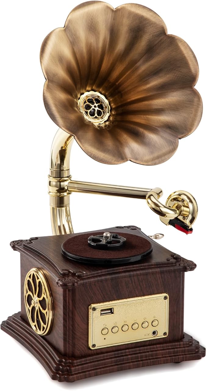 Vintage Style Wooden Record Player with Bluetooth, USB, AUX, FM Radio and Built-in Speakers (109HJ-1)