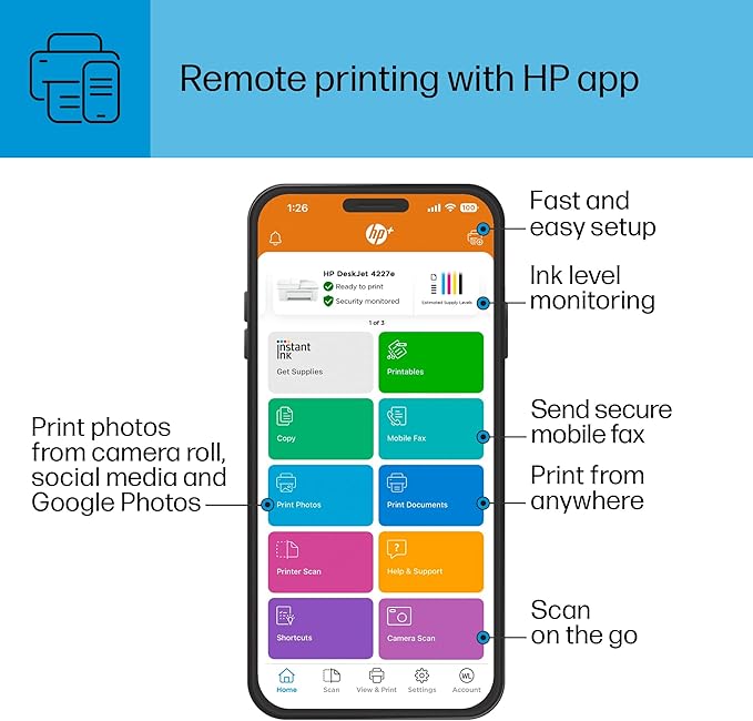 HP DeskJet 4227e Wireless All-in-One Color Inkjet Printer, Scanner, Copier, Best-for-Home, 3 Months of Instant Ink Trial Included (6W7F0A)