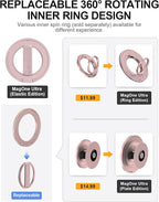 EWA MagOne Ultra Phone Grip Stand with Replaceable Elastic Finger Loop, Removable Magnetic Ring Holder Kickstand Loop, Double-Sided Magnetic Accessories for iPhone 16, 15, 14, 13 Pro/Max/Plus-Roseglod