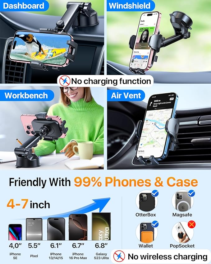 HTU [True Military-Grade] 2025 Upgraded Car Phone Holder 【Safety Certs & No Smell】 Cell Phone Holder for Car Mount for Dashboard Windshield Air Vent Long Arm Thick Case,Grey
