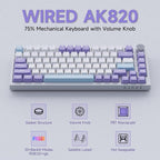Ajazz AK820 75% Wired Gasket Mechanical Gaming Keyboard with Volume Knob - South Facing LED - Poron Foam - PBT Keycaps - Programmable RGB Hot Swap Keyboard