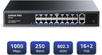 16 Port Gigabit PoE Switch,AUMOX PRO SG518P 18 Ethernet Unmanaged PoE with 2 Gigabit Uplink 250W,Plug and Play,Sturdy Metal Desktop, Wall Mount or Rackmount Network Switch, 802.3af/at Compliant