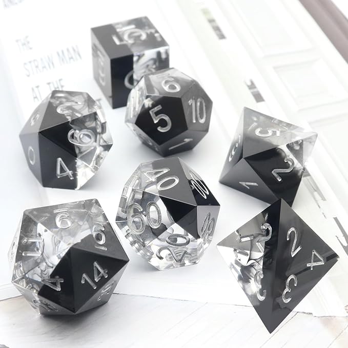 Haxtec Sharp Edge DND Dice Set Black Swirls Resin Dice with Dice Case D&D Dice for RPG Role Playing Games Compatible with Dungeons and Dragons Gifts