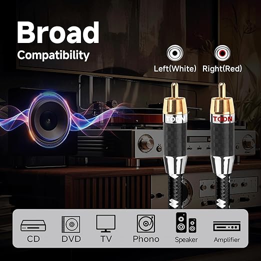 TODN HiFi RCA Audio Cables for Audiophile Shielded RCA Male to Male Cable for Subwoofers, Amp, Home Stereo (4.9ft/1.5m, 1 Pair)