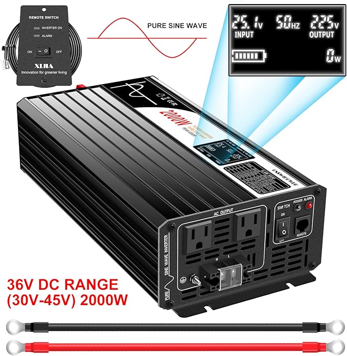 Xijia 2000W Pure Sine Wave Inverter DC 36v Inverter to 120v ac 60HZ Solar Converter for Home Use car (DC36V (Range 30V-45V) 2000W)
