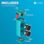 JLab JBuds Party Portable Bluetooth Speaker, 2 Full-Range Drivers + 2 Passive Woofers, IP56 Waterproof, 12 Hours Playtime, Connect Multiple Speakers, Custom Sound + RGB Lighting via App, Cyan