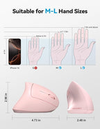 TECKNET Ergonomic Mouse, Rechargeable 2.4G+Bluetooth Vertical Mice 6 DPI Adjustable, Wireless Optical Carpal Tunnel Mouse for Right Hand, Silent 6 Buttons for Laptop, PC, MacBook, iPad - Pink