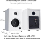 Computer Speakers for Desktop PC, 60W Powerful Sound with Deep Bass & Clear Treble – Compact Active Bookshelf Speakers for Home Office, Laptop, Music, Monitor (White, Pair)