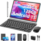 Android Tablet, 11 inch Android 15 Tablet with Keyboard, 24GB+128GB, 1TB Expand, 8000mAh, 5MP+13MP, 2.4G&5G WiFi, IPS Touch Screen, GMS Certified, 2 in 1 Tablets with Case, Mouse, Stylus(Silver)