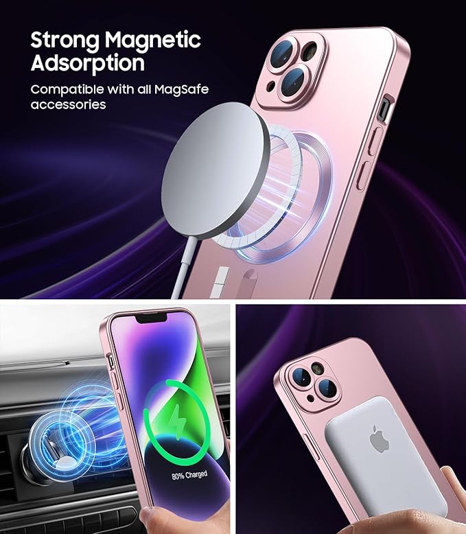 Magnetic for iPhone 15 Case [Compatible with MagSafe][Built-in Camera Lens Protector] Slim Soft Silicone Bumper Shockproof Metallic Shine Phone Case (Rose Gold)