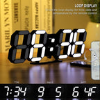 KOSUMOSU Digital Clock 3D LED Wall Clock for Living Room Decor 9.7" Alarm Clocks Black Clock Wall Decor Digital Wall Clock,Remote Control/Dimmer/Date/Temperature