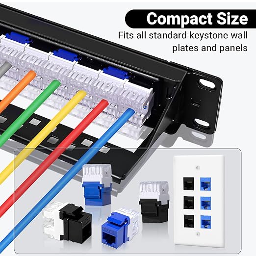 RJ45 Cat6 Keystone Jacks 25-Pack, Ethernet Keystone Jack, 180 Degree Punch-Down Cat 6 Keystone Jack Slim Profile for Wall Plates & Patch Panels – Black