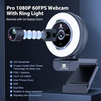 Zoomable Webcam with Remote Control, 1080P 60FPS Streaming Webcam with Adjustable Ring Light and Tripod, Pro USB 5X Digital Zoom Webcam for Zoom/Skype Teams/Laptop/Mac Windows