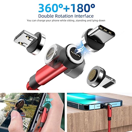 540 Rotation Magnetic Charging Cable, 3 in 1 Phone Charger [4-Pack, 3ft/3ft/6ft/10ft] 3A Fast Charging & Data Transfer Cable for i-P/Micro USB/Type C Device - Red