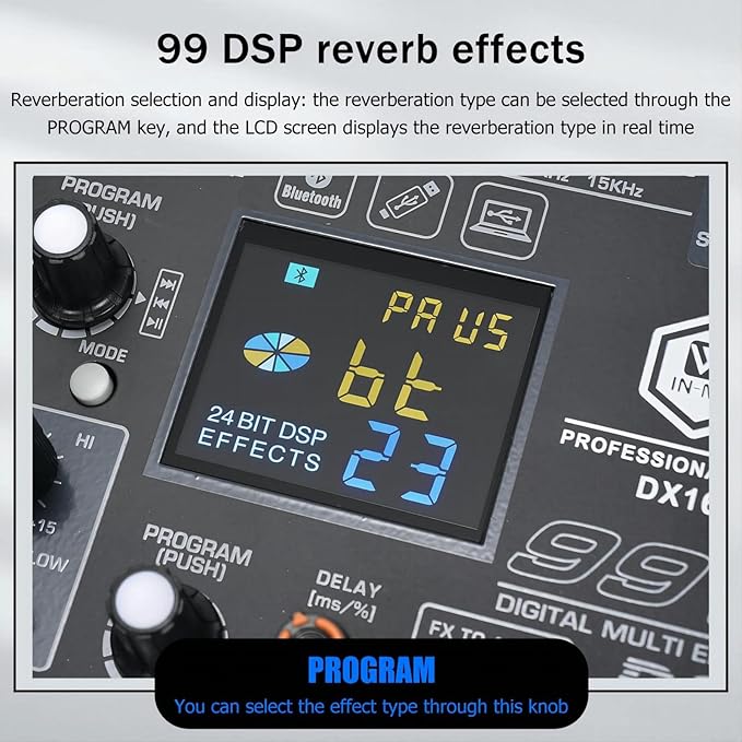 W IN-MIX DX16 Professional DJ Audio Mixer 16 Channel with 99 DSP Effects,7-band EQ,Independent 48V Phantom Power&Mute Button,Bluetooth Function,USB Interface Recording For Studio & Stage