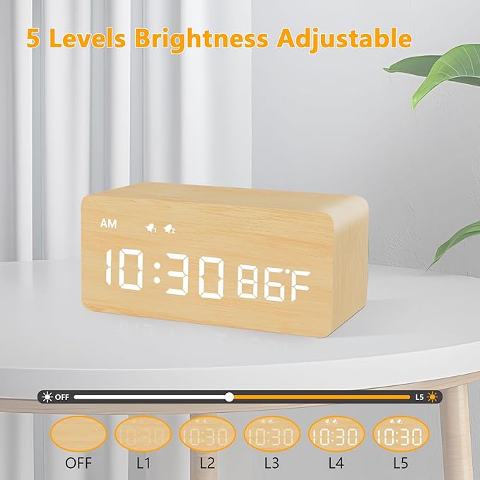 MOSITO Digital Wooden Alarm Clock with Wireless Charging, 0-100% Dimmer, Dual Alarm, Weekday/Weekend Mode, Snooze, Wood LED Clocks for Bedroom, Bedside, Desk, Kids (Bamboo)