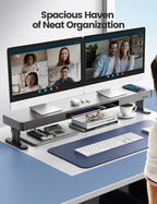 meatanty Dual Monitor Stand with 4 Adjustable Heights, Auto Phone Charging Pad, 4 USB Ports, Computer Riser with Drawers Storage, Metal Double Desk Organizer Lifter Raiser for 2 Monitors Screen Gift