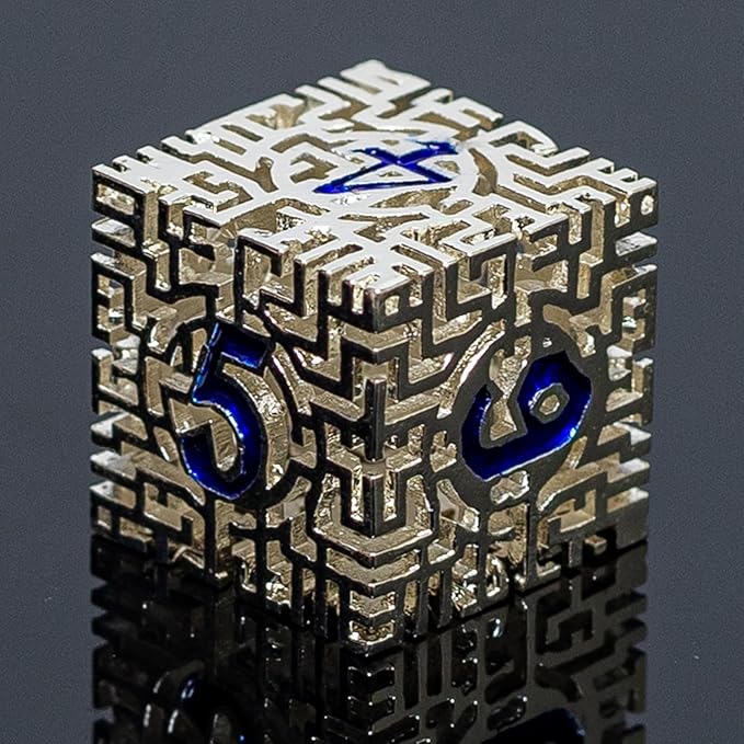 Silver Metal Hollow DND Dice Set (Cleric) Metallic Luster Maze Design with Storage Box - Balanced Weight 7 Piece Zinc Alloy, Designed for Dungeons and Dragons DM and Player RPG Accessories