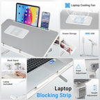 Laptop Lap Desk with Cooling Fan - Adjustable with Light, USB, Storage Drawer - Folding Bed Desk,22.04"*12.59",Grey