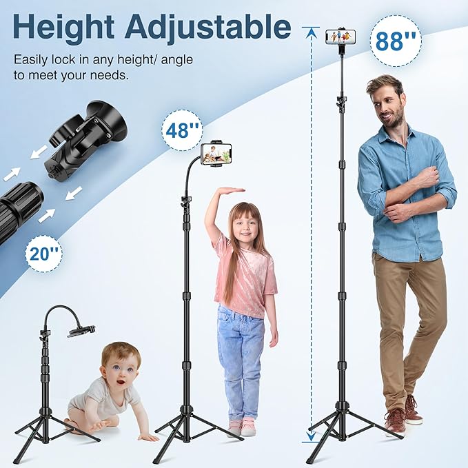 88" Tripod for iPhone, Phone Tripod with Gooseneck and Remote, Portable Cell Phone Tripod Compatible with Smartphone/Camera/Gopro, iPhone Tripod Stand for Video Recording Selfies Vlogging