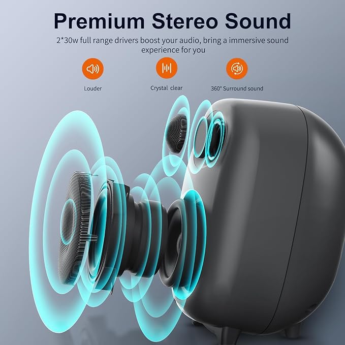 BESTISAN Bookshelf Speakers, 60 Watt Powered Studio Monitor Speaker with Bluetooth 5.0 and Wired Optical Line in Input Port, Bass and Treble Adjustable, Deep Bass, 3 Audio Mode Design (Gray)