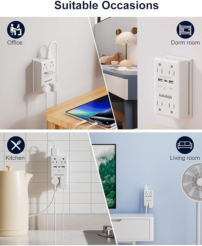 Wall Outlet Extender with Screw, 8 Way Outlets with 1680J Surge Protected, Multi Plug Wall Outlet with USB Ports, LED Indicator, 1875W Wall Mounted Surge Protectors for Dorm Room Office Kitchen