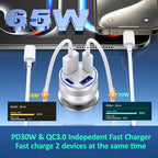 USB C Fast Car Charger, 65W 4-Port Dual USB-C & USB-A Multiport Car Phone Charger Adapter,Fast Charging Cigarette Lighter Adapter Truck Car Accessories for iPhone 16/16e/15 Pro Max,Samsung,iPad,Pixel